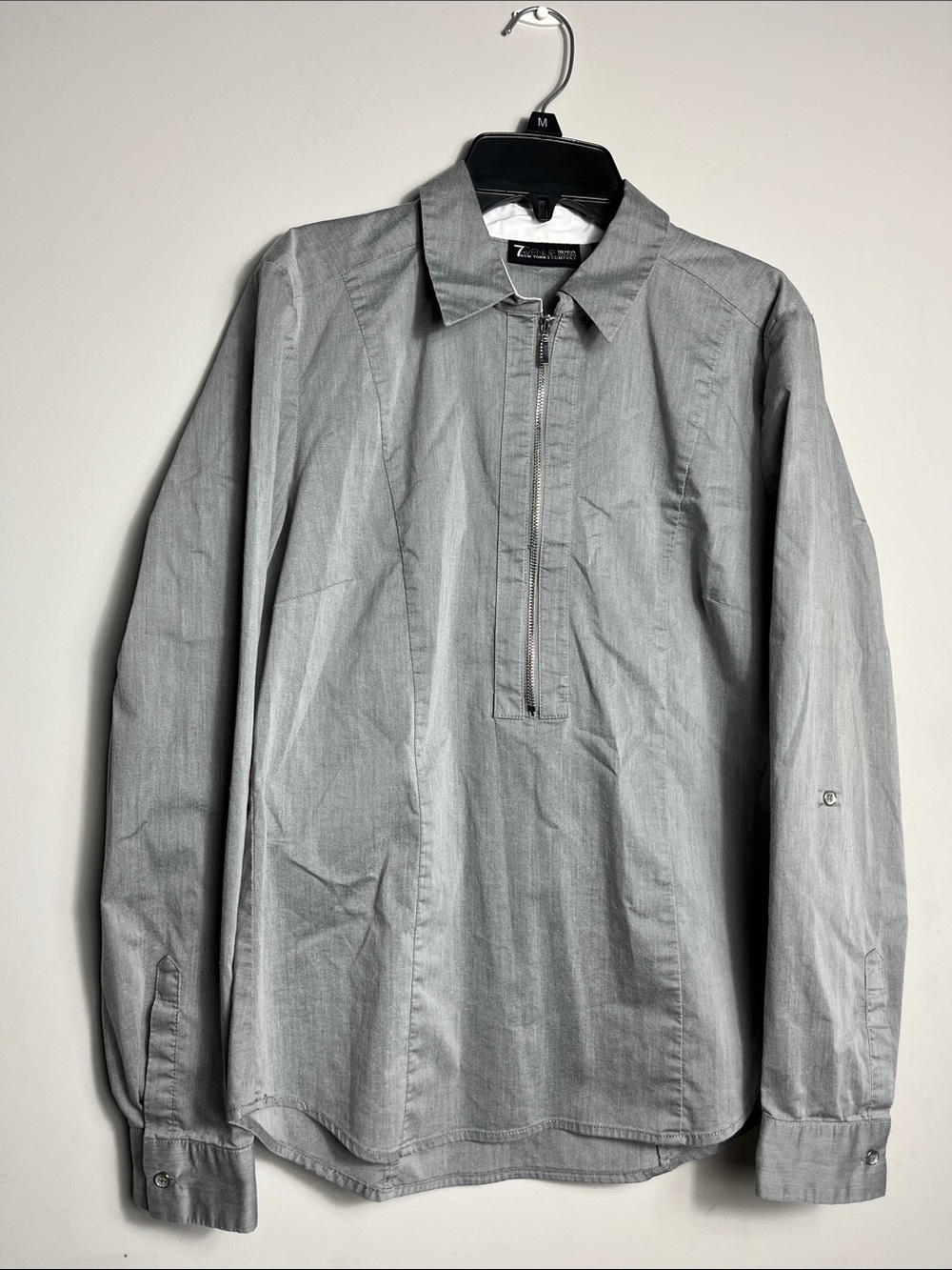7th Avenue design studio Gray Zip-Front Collared Shirt Small